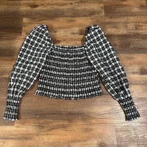 H&M Plaid Smocked Blouse Black/White Balloon Puff Sleeve Large Square Neck